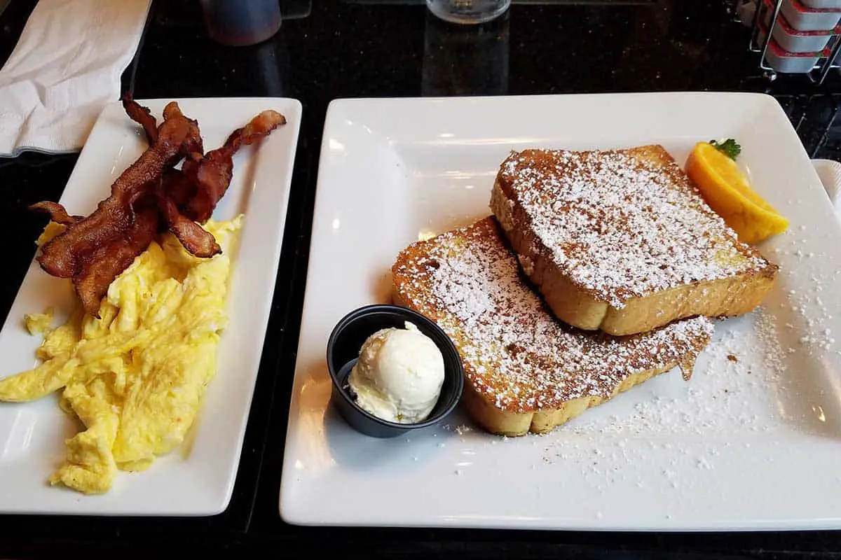 french toast eggs bacon breakfast